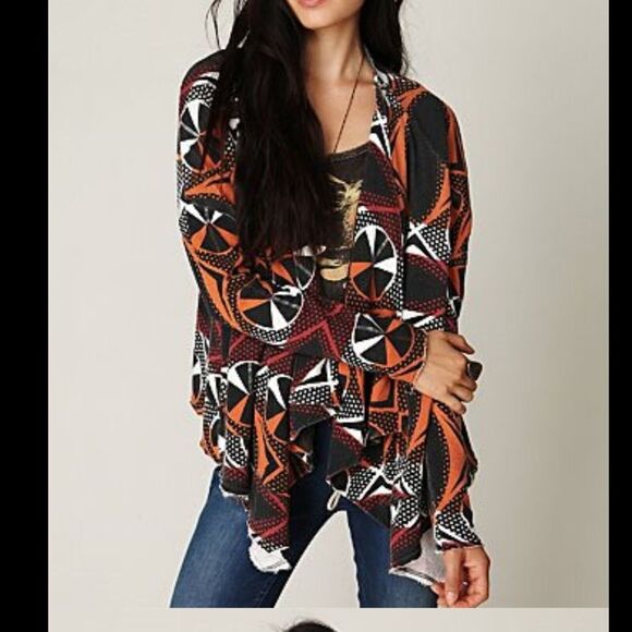 Free People Jacket Womens Medium Multicolor Geometric Tribal Cotton Knit Draped - Picture 1 of 12